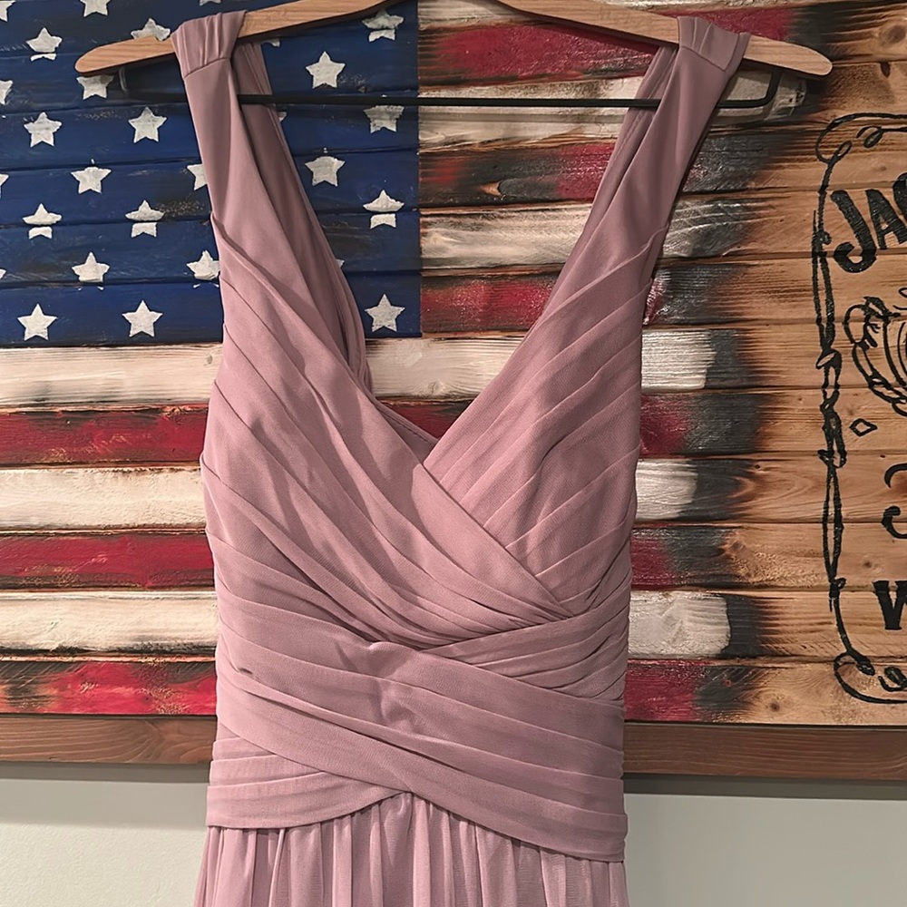 Long mesh plum colored bridesmaids dress